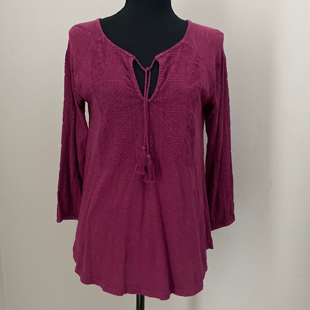 Lucky Brand Womens Berry Magenta Embroidered Tassel Split Neck Peasant Top Small